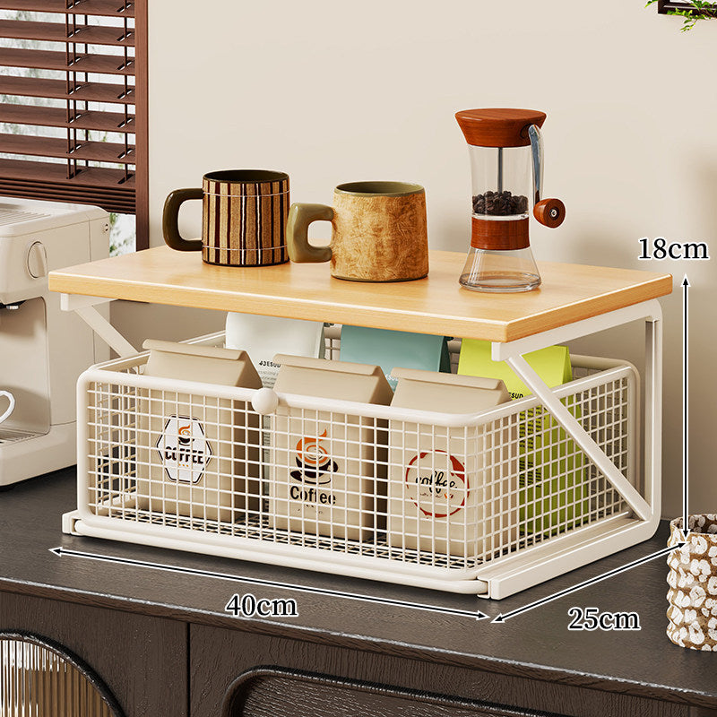 Countertop Coffee Station Organizer with Wooden Top and Metal Wire Basket
