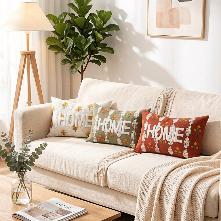 Embroidered Textured Lumbar Throw Pillow with HOME Lettering and Leaf Motif