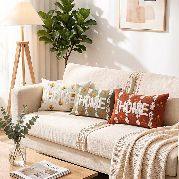 Embroidered Textured Lumbar Throw Pillow with HOME Lettering and Leaf Motif