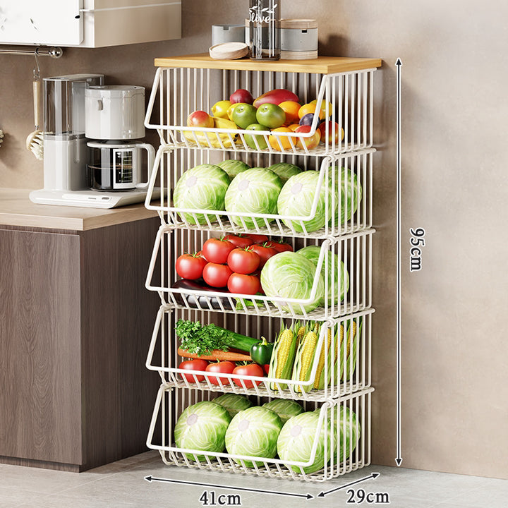 Multi-Tier Rolling Kitchen Fruit and Vegetable Storage Cart with Wood Top