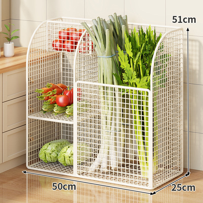 Rolling Metal Mesh Produce Storage Cart with Tall Vertical Compartment and Removable Shelves