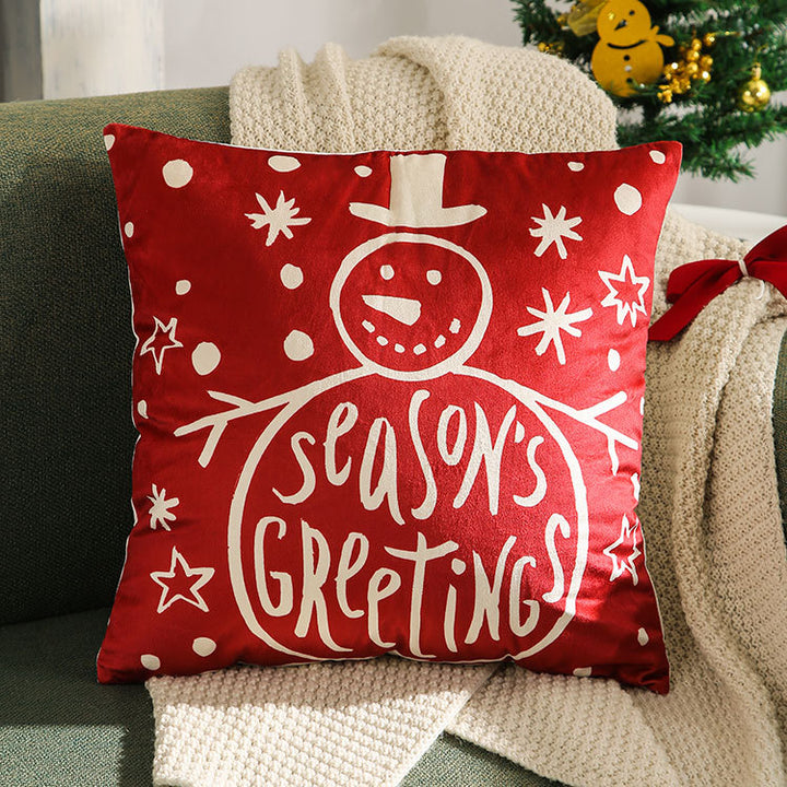 Festive Velvet Square Throw Pillow Cover with Snowman Seasonal Script