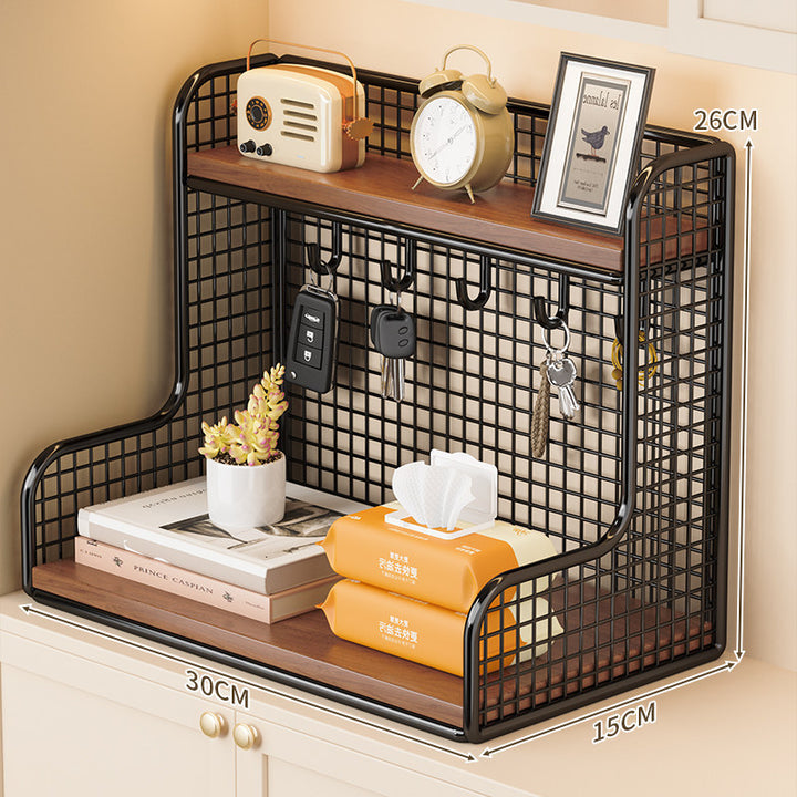 Wall-mounted double shelf organizer with hooks