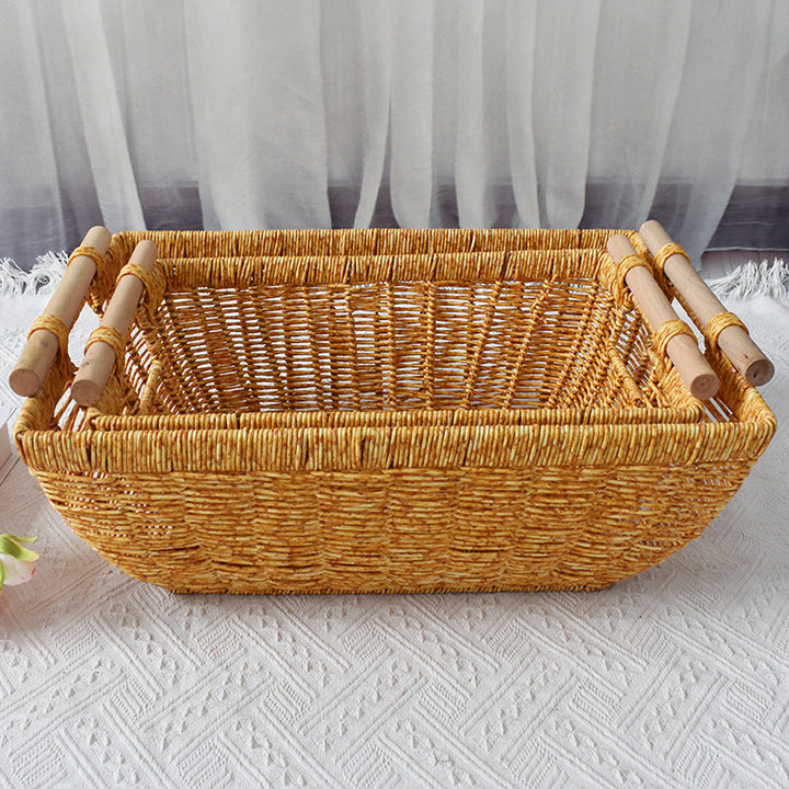 Handwoven Storage Basket with Wooden Handles