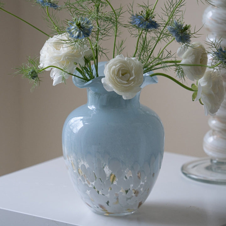 Hand-Blown Ruffled-Rim Art Glass Decorative Vase with Speckled Overlay