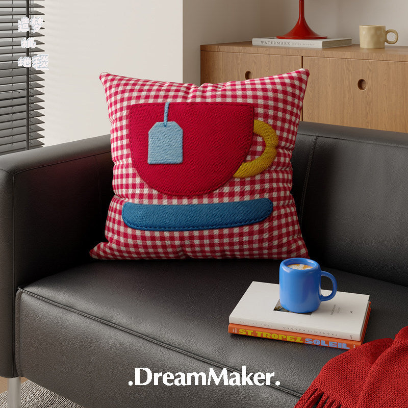 Decorative Gingham Appliqué Coffee Cup Throw Pillow Cover