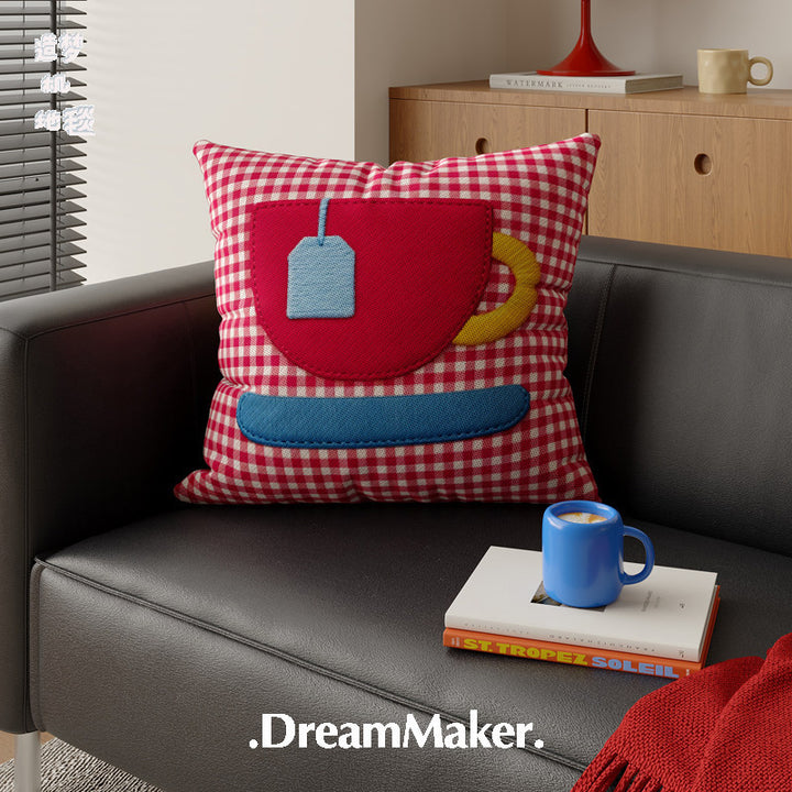 Decorative Gingham Appliqué Coffee Cup Throw Pillow Cover