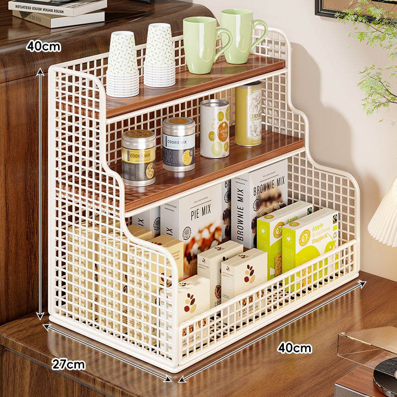 Multi-Tier Mesh Metal and Bamboo Countertop Pantry Organizer Shelf