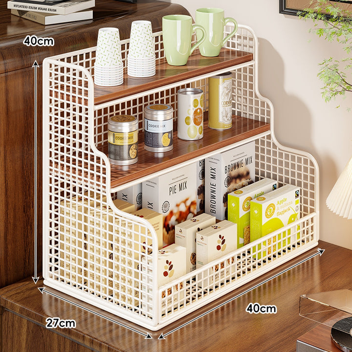 Multi-Tier Mesh Metal and Bamboo Countertop Pantry Organizer Shelf