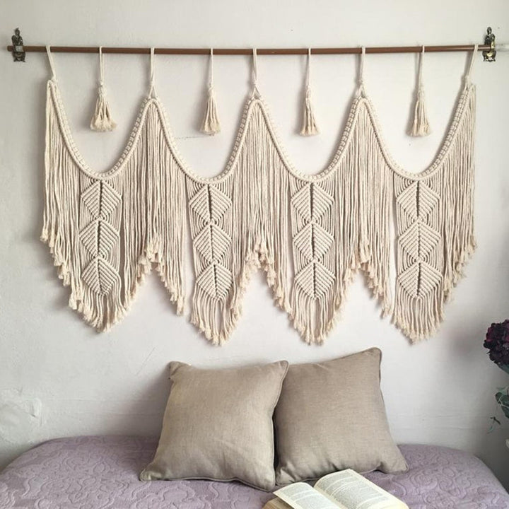 Elegant Macrame Wall Hanging with ornate fringes and leaves