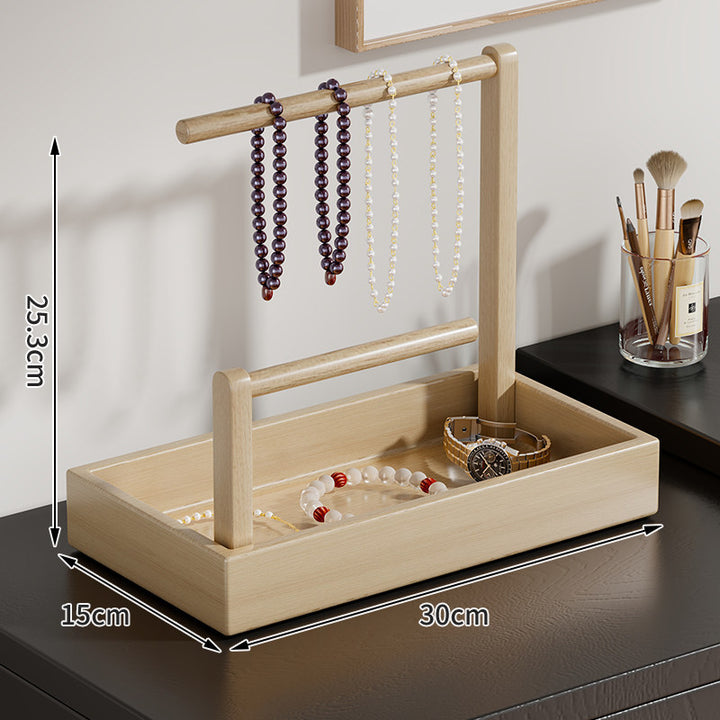 Wooden Jewelry Organizer with Dual Hanging Rails and Deep Storage Tray