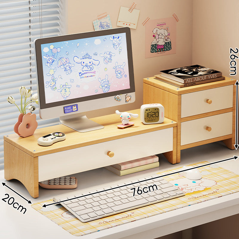 Wooden Monitor Riser with Dual Drawers and Under-Shelf Desktop Organizer