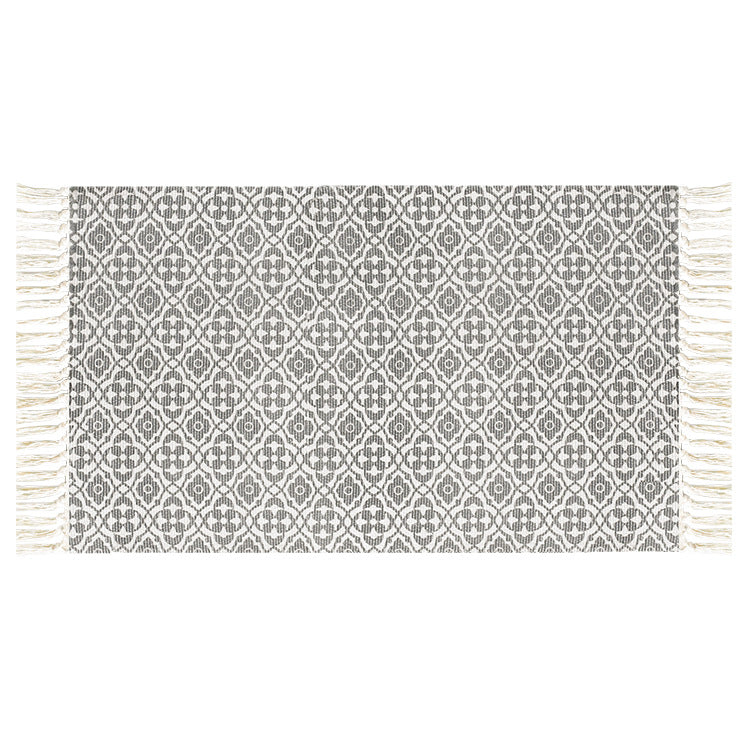 Flat-woven cotton runner with Mediterranean tile jacquard and decorative fringes