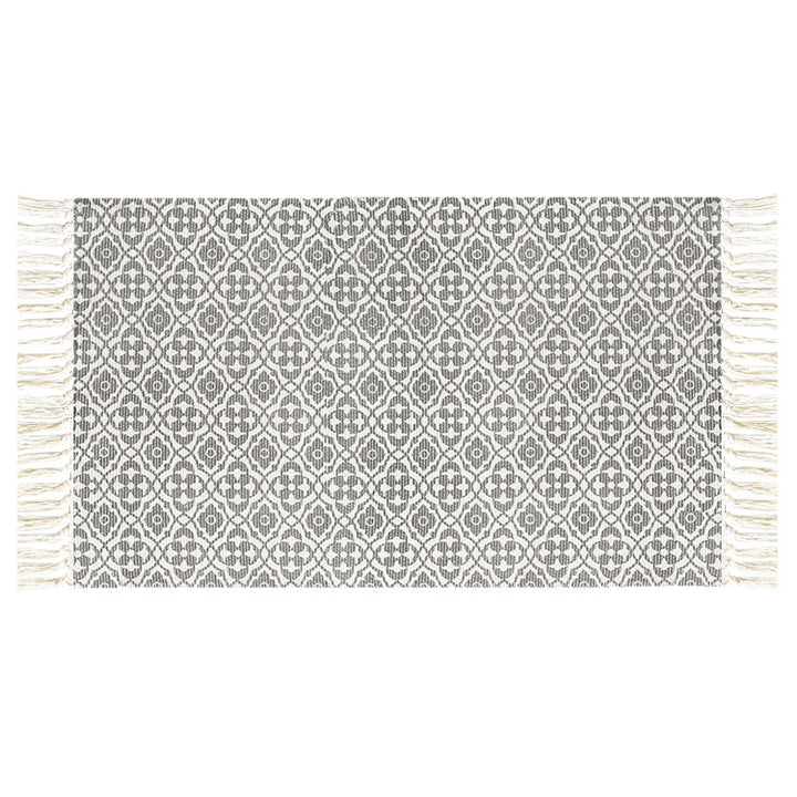 Flat-woven cotton runner with Mediterranean tile jacquard and decorative fringes