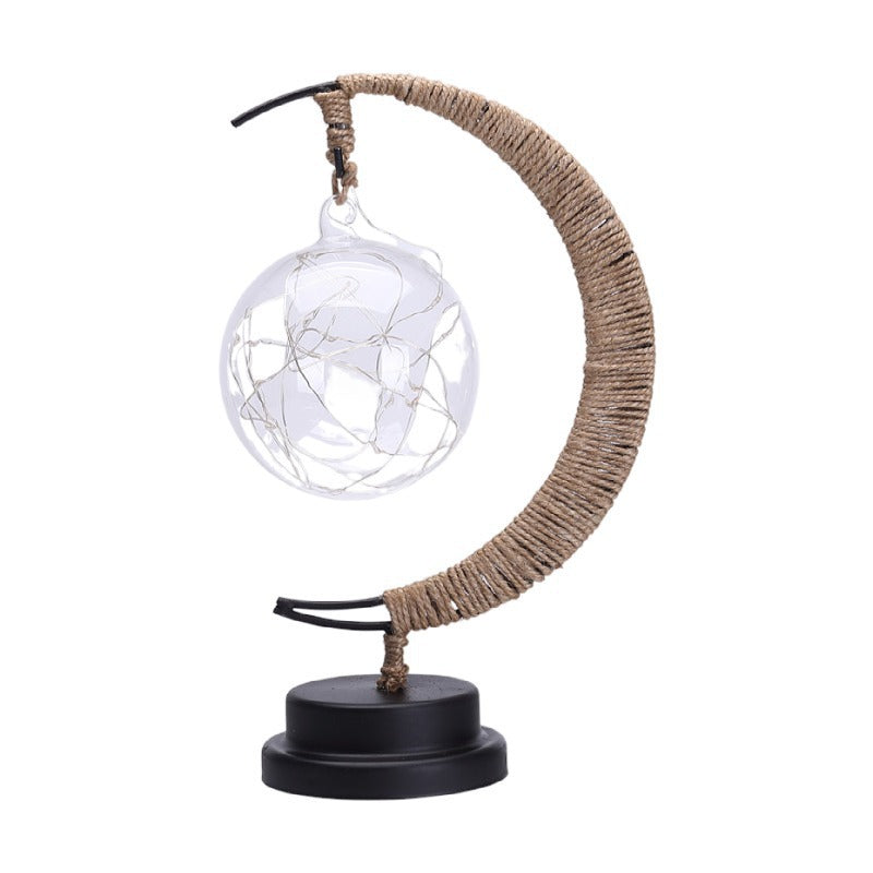 Decorative glass apple LED table lamp with moon-shaped rope-wrapped stand