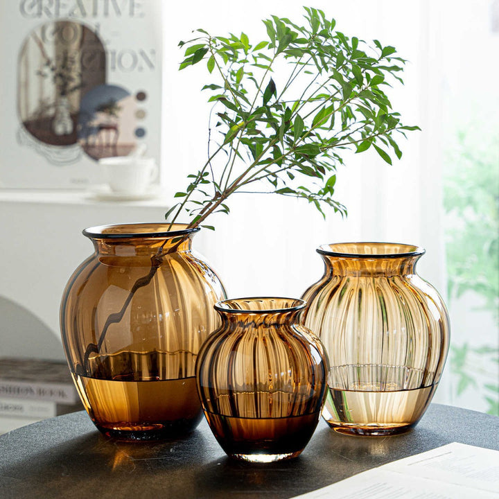 Compact Ribbed Hand-Blown Glass Tabletop Vase