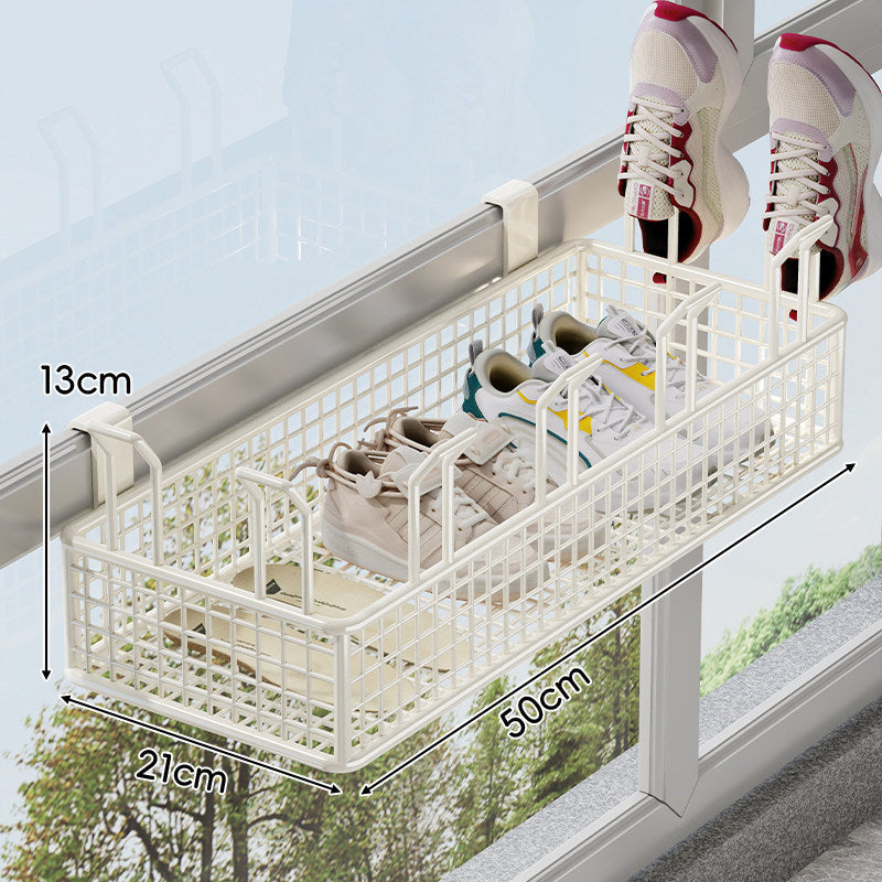 Over-Rail Balcony Shoe Drying and Storage Basket with Divided Mesh Compartments