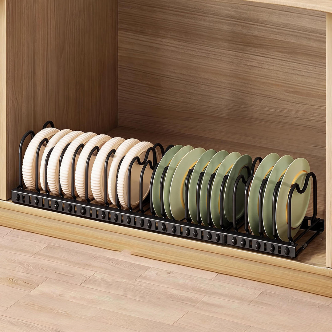 Expandable Under-Cabinet Sliding Plate and Lid Organizer Rack