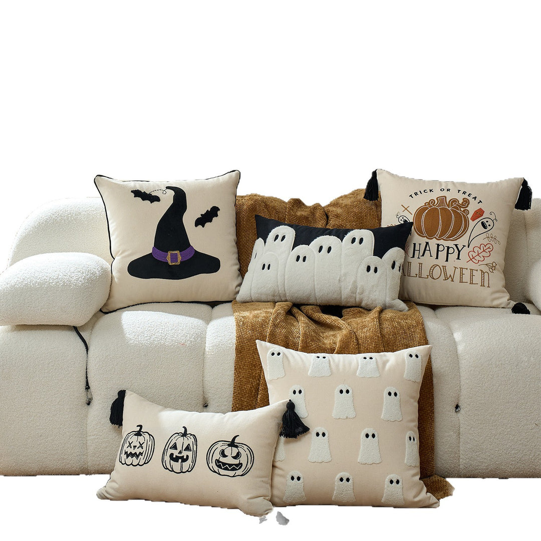 Tufted Chenille Ghost Appliqué Square Cushion Cover with Hidden Zipper
