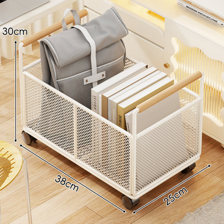 Rectangular Metal Mesh Storage Basket with Wooden Handle Rack