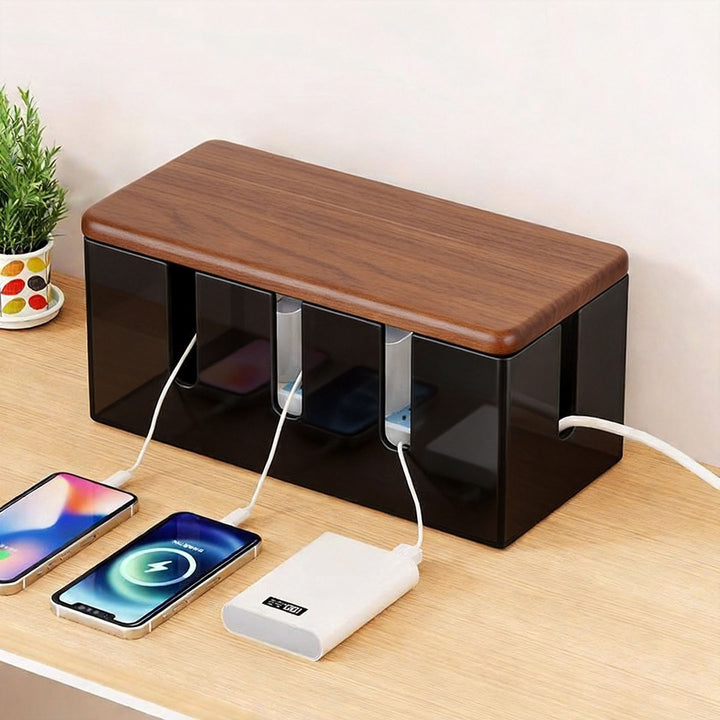 Wooden-Top Cable Management Box with Multi-Slot Cord Organizer and Power Strip Storage