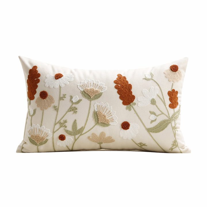 Decorative Square Embroidered Floral Tufted Linen Pillow Cover