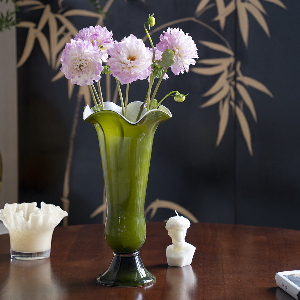 Tall Ruffled-Lip Pedestal Glass Flower Vase