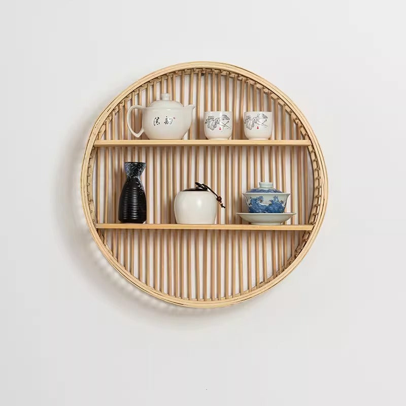 Round Wall Shelf Made of Natural Rattan