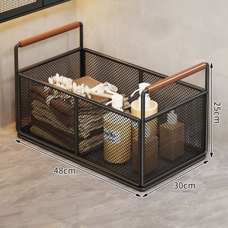 Rectangular Metal Mesh Countertop Storage Basket with Wooden Carry Handles