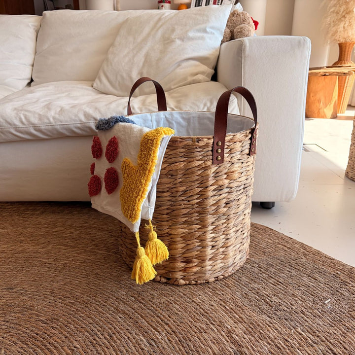 Braided storage basket with leather handles