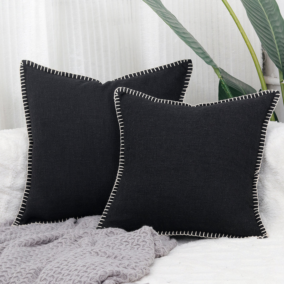 Textured Linen-Blend Square Throw Pillow Cover with Contrast Whipstitch Edge