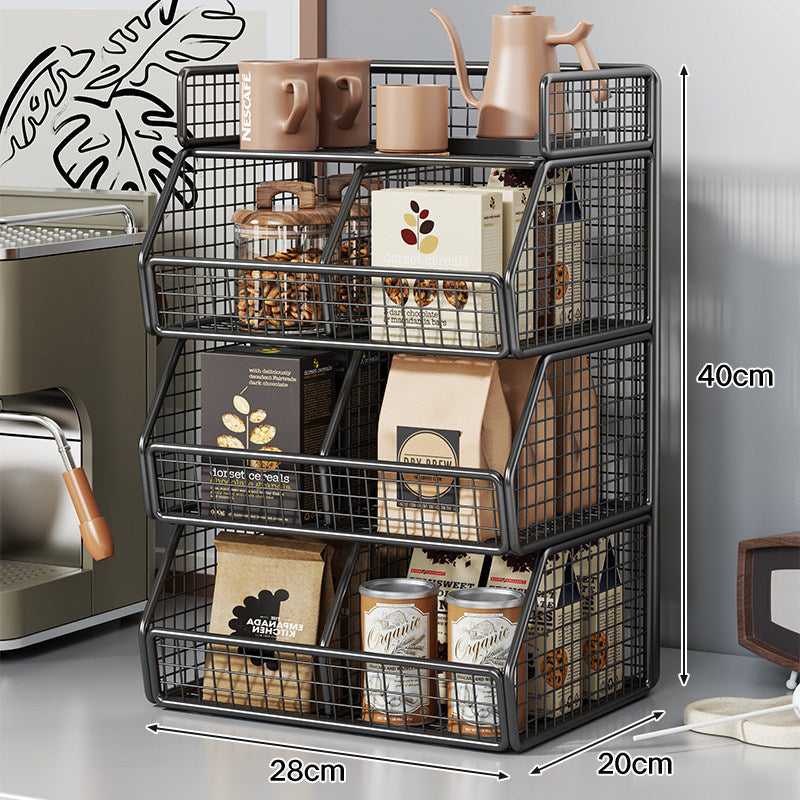 Stackable Two-Tier Wire Mesh Countertop Pantry Organizer with Tilt-Front Bins