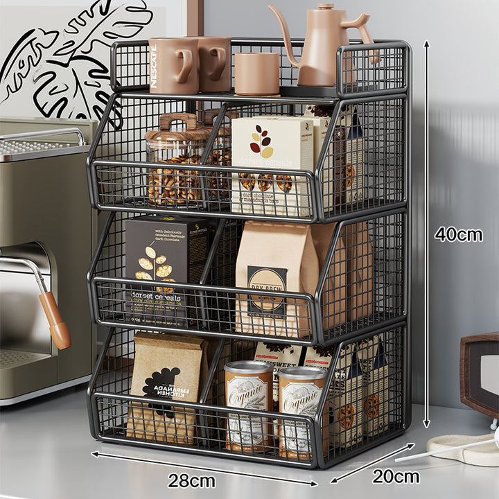 Stackable Two-Tier Wire Mesh Countertop Pantry Organizer with Tilt-Front Bins