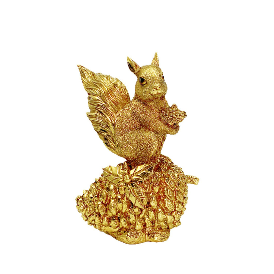 Decorative squirrel sculpture on a pine cone
