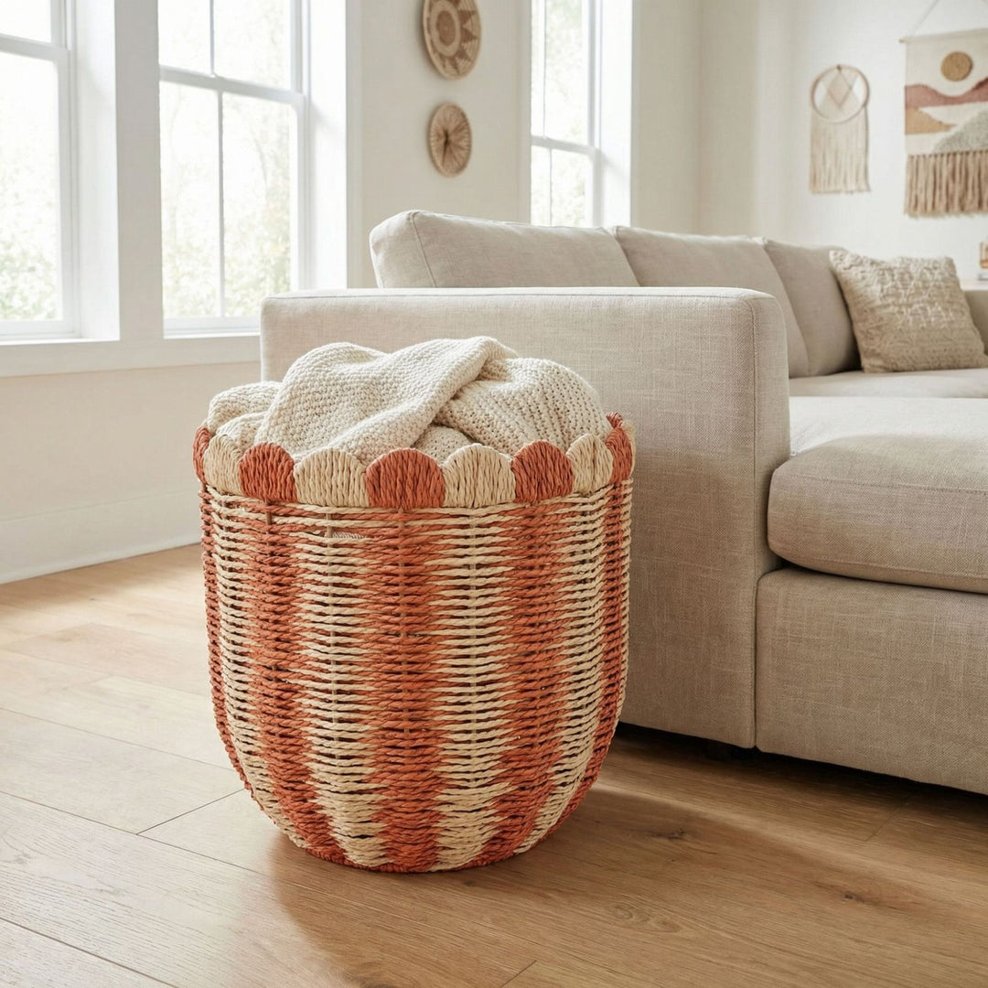 Handwoven storage basket with wave edge
