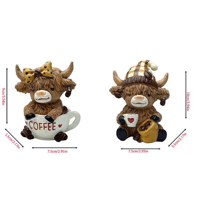 Decorative figure of a Highland cow with accessories