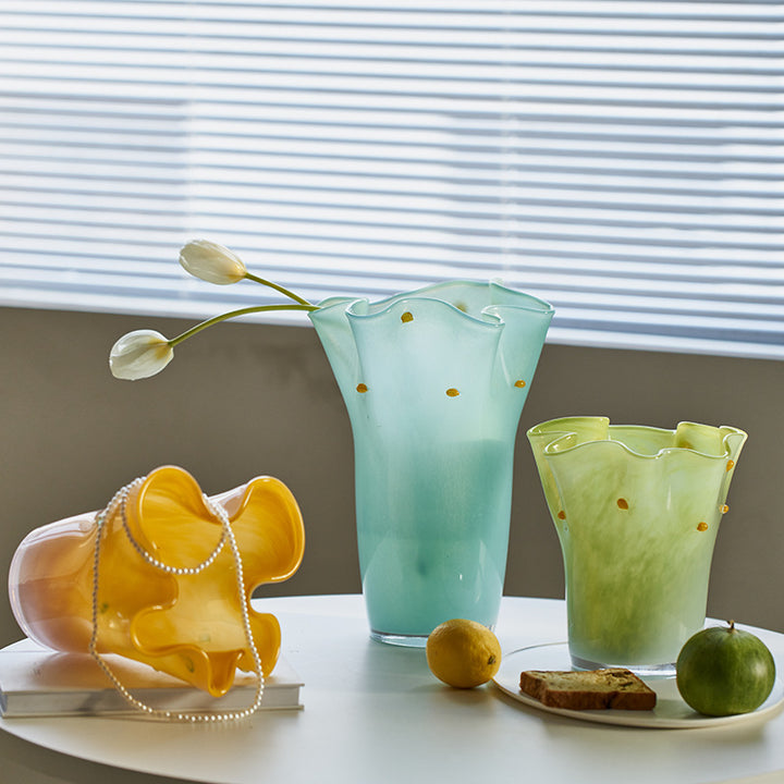 Hand-Blown Fluted Art Glass Vase with Ruffled Rim