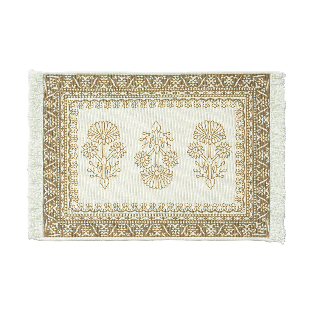 Round handmade woven decorative rug with fringes and botanical pattern