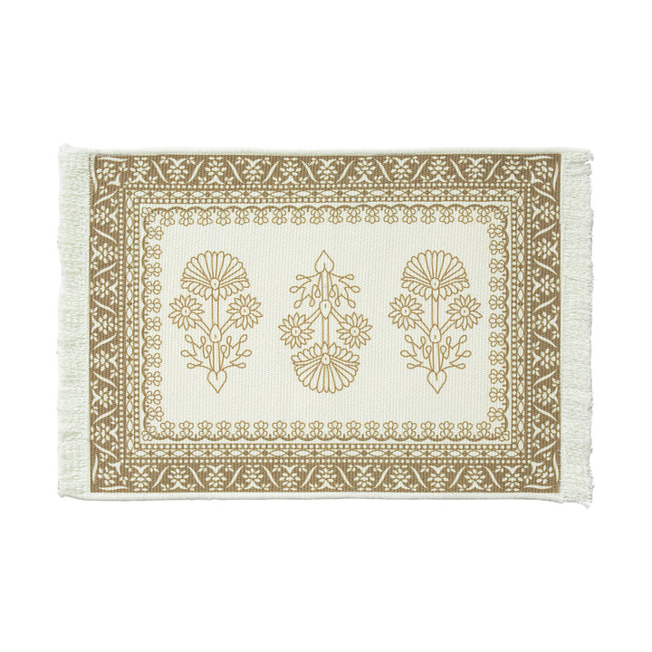 Round handmade woven decorative rug with fringes and botanical pattern