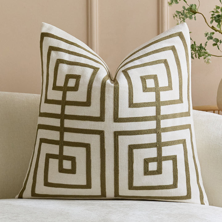 Geometric Embroidered Cotton-Linen Square Throw Pillow Cover with Raised Chenille Maze Appliqué