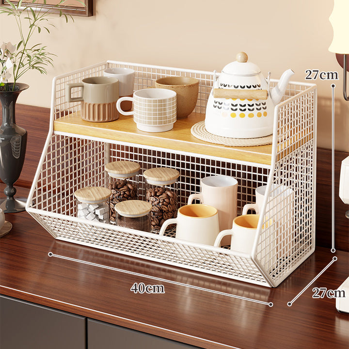 Two-Level Angled Wire Mesh Countertop Organizer with Wood-Effect Top Shelf and Front Drop Bins
