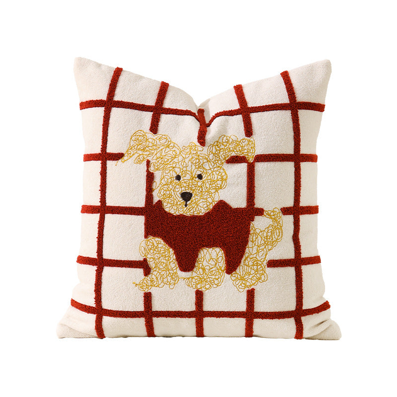 Square decorative cushion with stitched dog appliqué and soft cotton blend