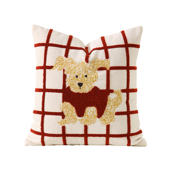 Square decorative cushion with stitched dog appliqué and soft cotton blend
