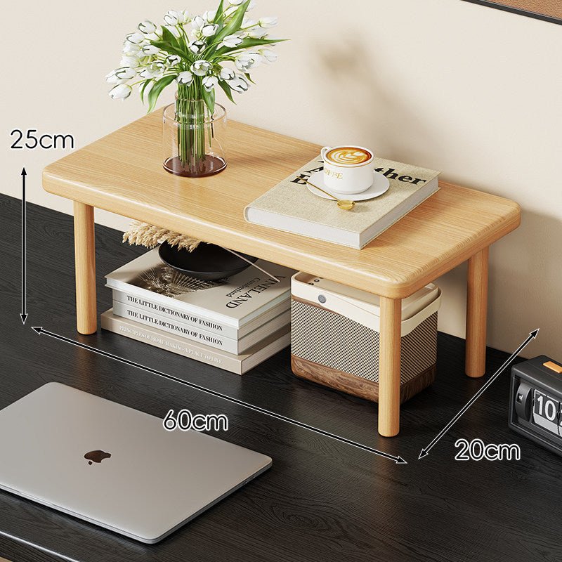 Compact Solid Wood Elevated Desk Display Stand with Under-Shelf Storage and Rounded Leg Design