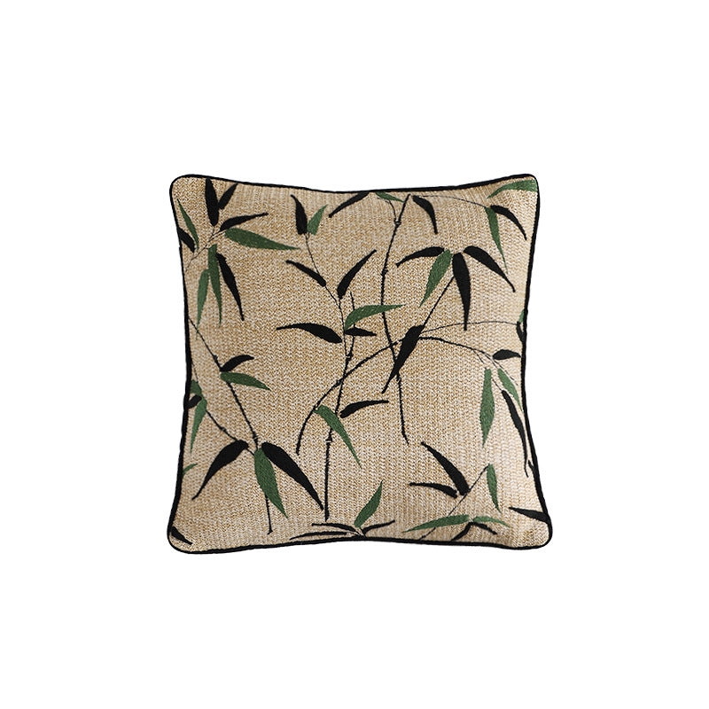 Woven decorative cushion cover with bamboo leaf jacquard and contrast piping
