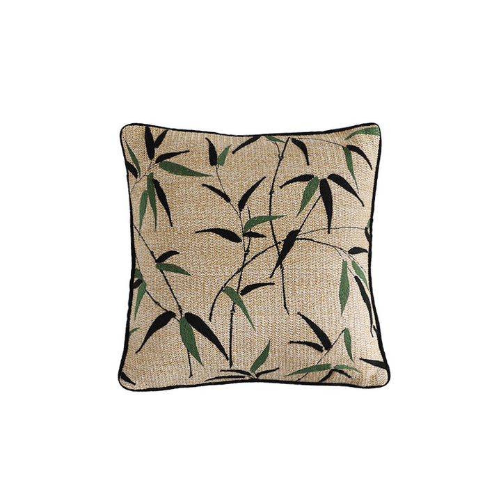Woven decorative cushion cover with bamboo leaf jacquard and contrast piping