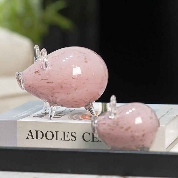 Hand-Blown Decorative Glass Pig Figurine with Clear Pedestal Legs