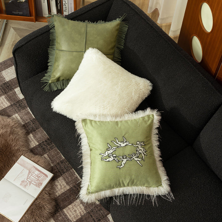 Square decorative velvet cushion cover with faux fur trim and cherub embroidery