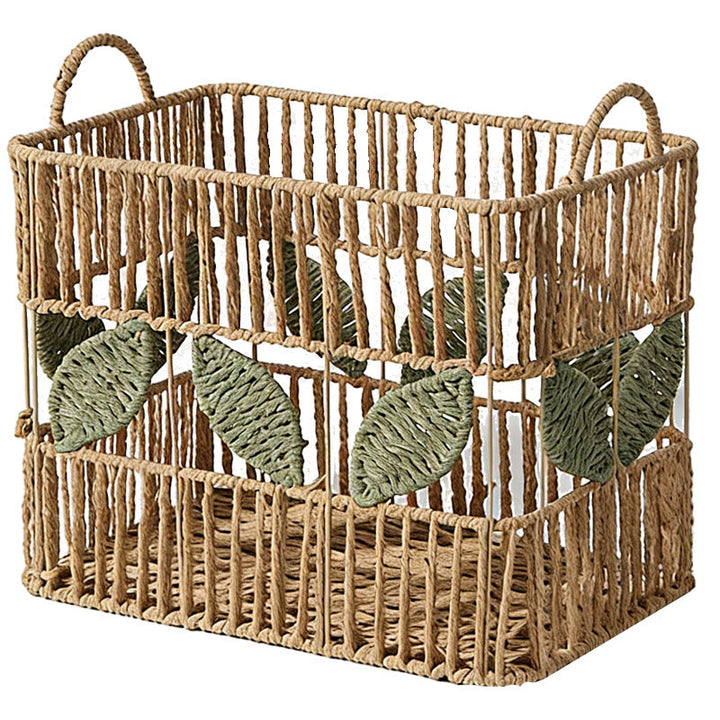 Handcrafted storage basket with leaf motif