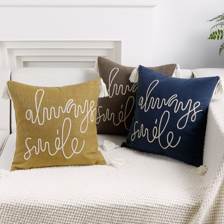 Square Linen-Blend Rope Embroidered Tassel Accent Pillow Cover